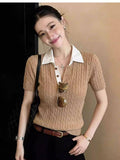 French Polo Collar Cassette Knitted Short-Sleeved T-Shirt Women 2026 Spring Leisure Temperament Shoulder Small Top