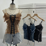 Real Shooting Do The Old Fur Side Of The Denim Splicing Pu Skin Lace Sling Vest Short Without Sleeve Top 618
