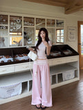 Pink Sweet High-End Casual Suit Women's Summer Shoulder Short-Sleeved T-Shirt High-Waisted Broad Leg Pants Two-Set