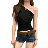 Lyselle Tiansi's Unique Beautiful Pink Slanted Shoulderless Sleeveless T-Shirt For Women's Summer 2025 New Super-Looking Dew Shoulder