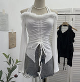 Real Shooting Hottie Hanging Neck A Word Shoulder Hair Spliced Long-Sleeved T-Shirt Draw Tie With Short Bottom Shirt 88882