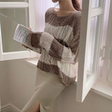 Korean Vintage Sleeve Long Sleeve Striped Sun T-Shirt Knitted Thin Loose Design Hoodie For Women