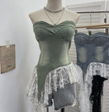 Real Pat With Chest Cushion Irregular Ribbon Lace Skirt Stided With Denim Vest Back Sleeveless Top 2759
