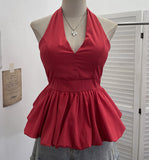French Retro Hanging Neck Tie With Bare Back Sling Skirt Folded Short Sleeveless Top Woman 9225