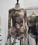 Real Shooting Babes Long Sleeves And Jersey Net Yarn Dye Printing Irregular Lotus Leaf Edge Ribbon Folding Top 9998