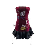 Printed Split Splicing Rope Tie With Pu Skin Bra Punk Babes Dress Dress Girl 6289