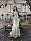 Monet Garden Wind Green Sling Dress Female Summer Temperament Lotus Leaf Side Holiday Dress Seaside Beach Dress