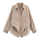 Spring 2025 New Women's Cotton Bat Sleeve Striped Clip Long Sleeve Shirt 2025458