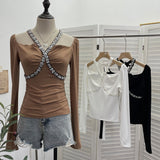 Real Shooting Heavy Industry Drill Hanging Neck With A Word Shoulder Long-Sleeved Top Repair Slim Short-Bottomed T-Shirt