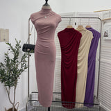 Ceclent Unique Dress With Thin Folds And Hips High-Collar After The Opening Of The Fork Dress 8858