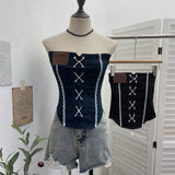 Vintage Sexy Water Wash Denim Pocket Spliced Lace Bra Design Without Strap Vest 2753