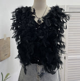 Real Shooting Design Heavy Industry Feather Flash Shiny Splicing Velvet Vest Vest Short Top 9089