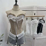 Real Shooting Retro Wave Point Splicing Lace Lace Bra Waist Sexy Short Sleeveless Hook Buckle Top 2825