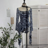 Real Shooting Retro Y2k Hot Tatry Lattice Lattice Mesh Splicing Lace Collar T-Shirt Irregular Ribbon Clothing 8078