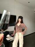 Vintage V-Necked Leopard-Print Strapped Long-Sleeved Shirt Women 2026 Summer Thin Sunscreen Shirt French Thin Temperament Top