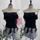 Real Shooting Pure Wind Lotus Leaf Side With A Word Shoulder Bra Small Vest Short Three-Dimensional Flowers Sleeveless Top 8856