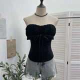 Real-Patting Hottie With Chest Pad Weaving With Bow Mesh Splicing Bra Vest Short Repair Body Dress 9288