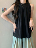 Korean Sleeveless Hanging Neck Shirt Women's Spring New Fashion Collar Design Feel Folded Blue Top Tide
