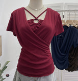 Real Shooting Cross-Design Hanging Neck Beads Folded Emptiness T-Shirts For Women's Sense Of Fake Two-Piece Top 27671