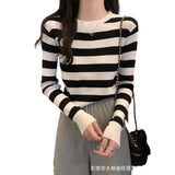 Round Collar Hooded Striped Long-Sleeved Knitted Shirt Women's Autumn And Winter Women's New Slimming Inside And Bottom Shirt Top