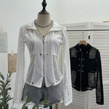 Sleeve Hollow Cross Grid Splicing Coat Coat Women's Spring And Summer Long Sleeves Zipper Open Shirt 8950