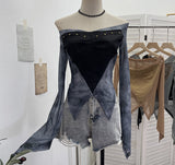 Real Shot One-Word Shoulder Rivet Splicing Dizzy Net Yarn Irregular Long-Sleeved Top Short Repair Hottie T-Shirt 1299