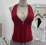 Real Shot With Chest Pad Hanging Neck Sling Sling Zipper Open Shirt Low Breast Sexy Hot Girl Short Top 2810