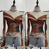 Vintage Oil Painting Print Collar A Word Twisted Folded Short-Sleeved Trumpet Blouse 9907