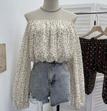 Real Shot Shoulder Long Sleeve Wave Chiffon Shirt Women Summer Short Open Umbilled Shirt Loose Umbilled Shirt Loose Top 2367