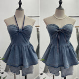 Real Shot With Chest Cushion Denim Sling Vest With Bow Hanging Neck Short Twiping Boat Blouse Woman 2611