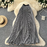 Printed Wave Folding Skirt High Waist Thin Temperament Long Dress Commuter Lattice Half Skirt A-Dress Skirt