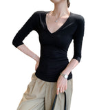 Lyselle Tiansi Unique V-Neck Slim Mid-Sleeved T-Shirt For Women 2025 Summer Thin Light Luxury High-End Feel Beautiful Top
