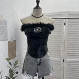 Real Shooting Millennium Babes Hair Splicing Pu Leather Belt Brae Waistcoat With Chest Cushions With Short Shirt 1351