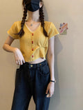 Summer New Korean Button Design Short-Sleeved Set Thin Knit T-Shirt Girl Skinny Umbilled Short Top