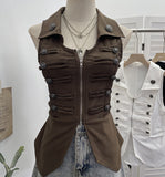 Vintage Metal Double Buckle Elastic Repair Waist Zipper Shirt Over-Necked Short Vest Vest 6295