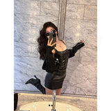 Sexy Hottie Black Pu Leather Sling Dress Woman Autumn New High-End Slimming Inner Bag Hip Dress