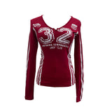 Real Shooting Sports Wind Crash Color Print Semi-Zip V-Neck Long-Sleeved T-Shirt With Thin Velvet Bottom Short Top 1363