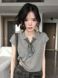 High Sense Of Wearing Polo Shirt Short-Sleeved Women's Summer Silk Scarf Collar Shoulders T-Shirt Casual Temperament Knitting Tops Ins