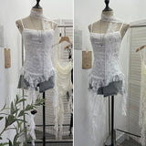 Real-Shooting Lace Splicing Irregular Lotus Leaf Edge Ribbon Sling Vest Round Neck Sexy Sleeveless Top 1218