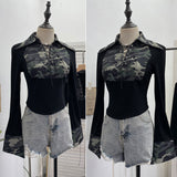 Real Shoot Babes Camouflage Splicing Polo Collar Shirt With Hollow Design Sense Short Long-Sleeved Top 1360