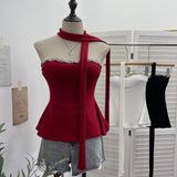 Real Shoot Drilling Hanging Neck Ribbon Slings Slings With Bra Cushions In The Shoulder Sleeveless Top 9291