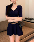 V Collar Half-Sleeved Knitted Dress Woman 2026 Summer Babes Slimmed Short Skirts Thin Waist A-Word Dress