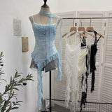 Real-Shooting Lace Splicing Irregular Lotus Leaf Edge Ribbon Sling Vest Round Neck Sexy Sleeveless Top 1218
