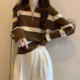 Crash Striped Semi-Zip Polo Collar Knitted Shirt Girl Spring And Autumn And Winter Loose Lazy Wind Outside Long-Sleeved Sweater Coat