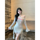 Lace Splicing Bows Off-Shoulder Dress Women Trend Thailand Slimming Bag Hip Dress