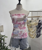 Thai-Style Splash Ink Dye Mesh Wrap Chest Vest Irregular Stacked Folded Sleeveless Top 9950
