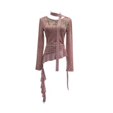 Slap In The Air-Covered Knitted T-Shirt Women's Autumn Dress With Long-Sleeved Drawstring Irregular Top 8097