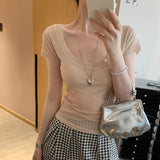 Qaqi Thin Large U-Neck Shoulder Short-Sleeved T-Shirt Women 2025 Summer New Pure Loose-In-Sensitive Top