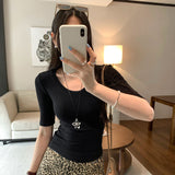 This Year's Popular Explosion Super-Looking Gray U-Neck Short-Sleeved T-Shirt Women's Spring 2026 New Small Small Blouse
