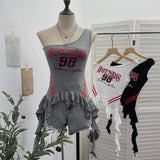 Real Shooting Retro Jersey Vest Letter Print Oblique Shoulder Hottie Wearing Lotus Edge Ribbon Ribbon Short Top 1279